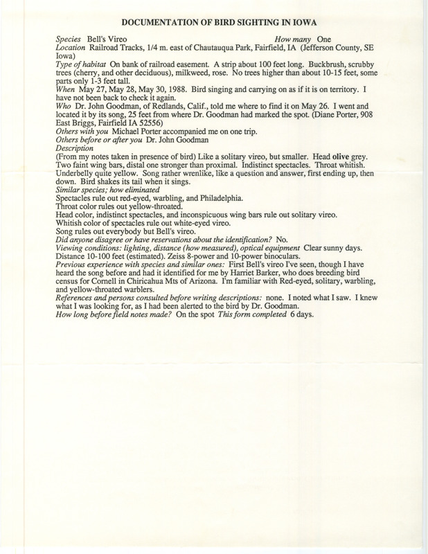 Rare bird documentation form for a Bell's Vireo east of Chautauqua Park in Fairfield in Jefferson County, IA on May 27, 28, and 30, 1988.