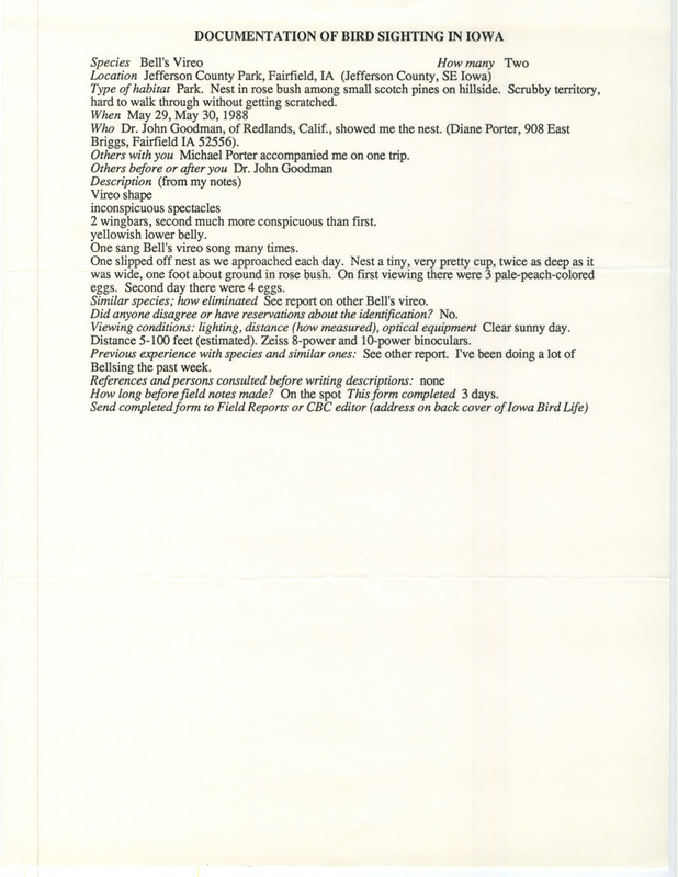 Rare bird documentation form for two Bell's Vireos at Jefferson County Park in Jefferson County, IA on May 29 and 30, 1988.