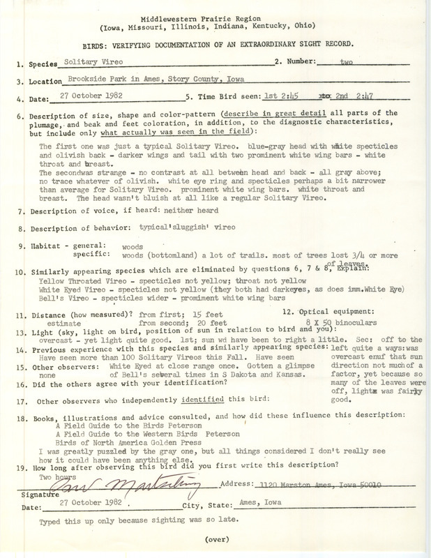 Rare bird documentation form for two Solitary Vireos at Brookside Park in Ames in Story County, IA on October 27, 1982.