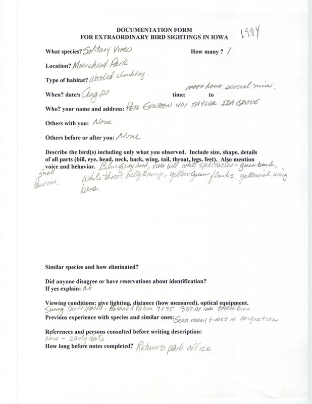 Rare bird documentation form for a Solitary Vireo at Moorehead Park in Ida County, IA on August 20, 1994.