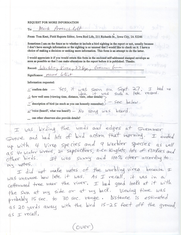 Rare bird documentation form for a Warbling Vireo at Grammer Grove in Marshall County, IA on September 27, unknown year.