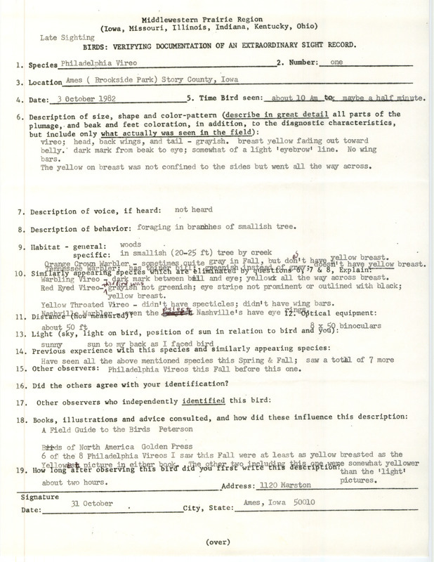 Rare bird documentation form for a Philadelphia Vireo at Brookside Park in Ames in Story County, IA on October 3, 1982.