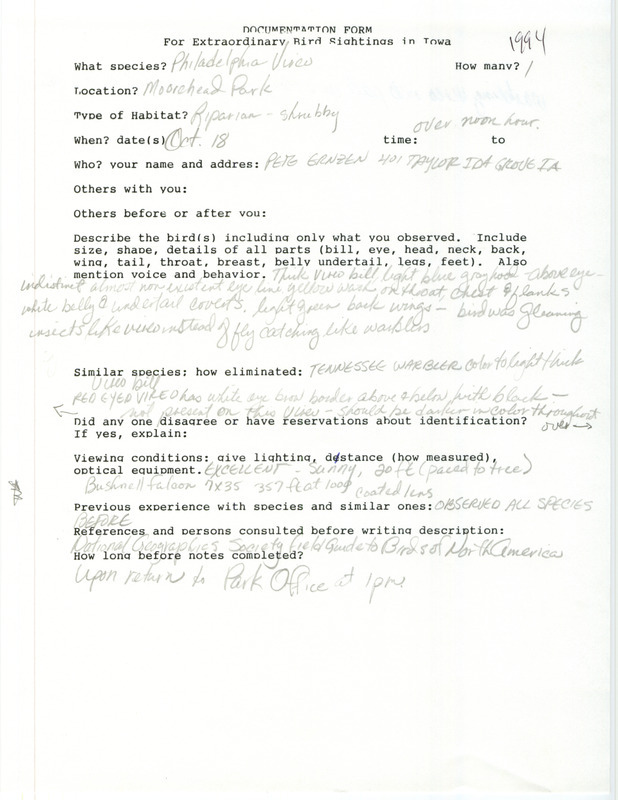 Rare bird documentation form for a Philadelphia Vireo at Moorehead Park in Ida County, IA on October 18, 1994.