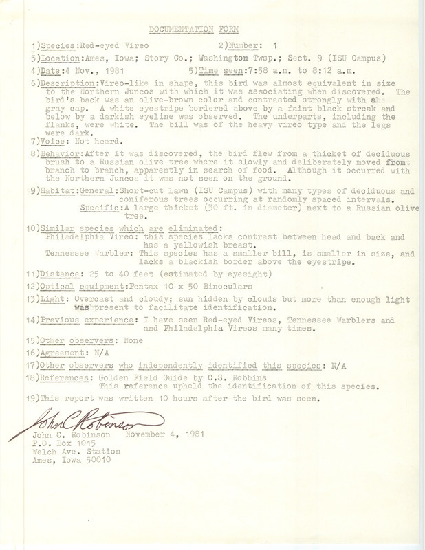 Rare bird documentation form for a Red-eyed Vireo at Washington Township in Ames in Story County, IA on November 4, 1981.