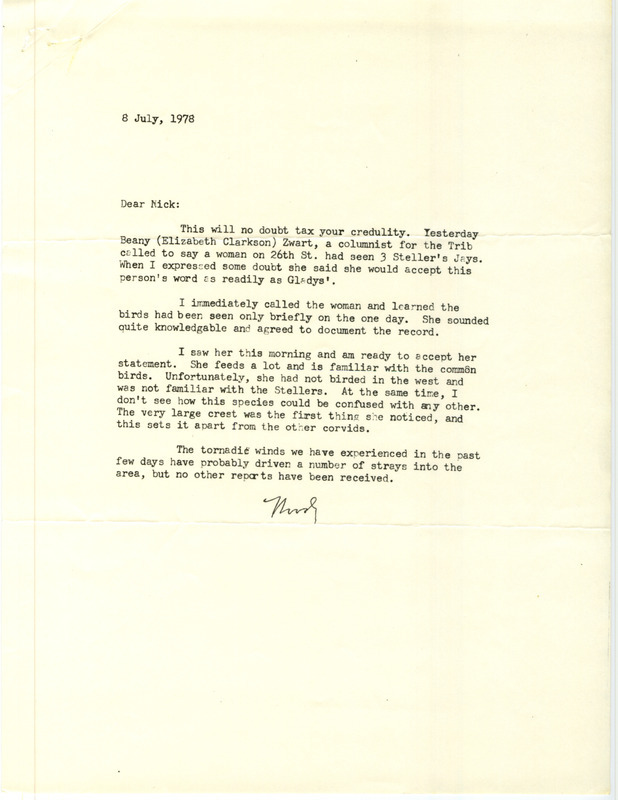 Rare bird documentation form for three Steller's Jays at Des Moines in Polk County, IA on July 5, 1978. It was included with a Woodward H. Brown letter to Nick Halmi dated July 8, 1978 regarding the documentation form and sighting.