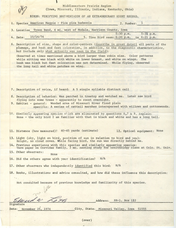 Rare bird documentation for an American Magpie at Tyson Bend in Harrison County, IA on October 14, 1974.