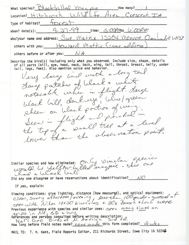 Rare bird documentation form for a Black-billed Magpie at Hitchcock Wildlife Area near Crescent in Pottawattamie County, IA on September 27, 1999. It is accompanied by an email from Sue Mattix to James Fuller dated September 28, 1999 regarding the bird sighting.