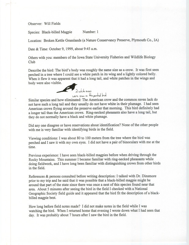 Rare bird documentation form for a Black-billed Magpie at Broken Kettle Grasslands Preserve in Plymouth County, IA on October 9, 1999.