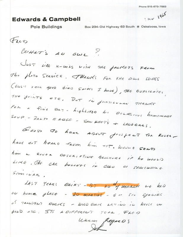 Letter from John to Fred Kent regarding bird sightings and slides of owls. It features a sighting of twenty Purple Martins on the 20th of March near Oskaloosa in Mahaska County, IA.