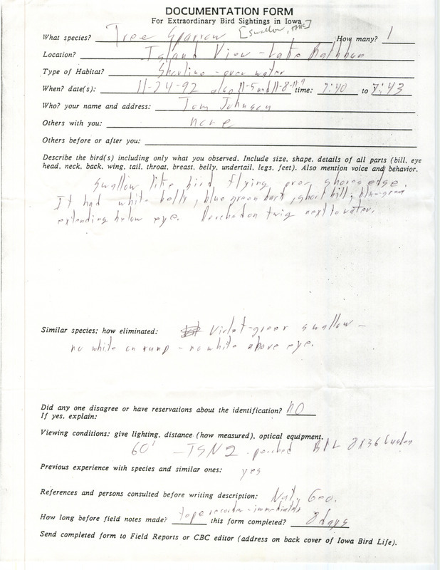 Rare bird documentation for a Tree Swallow at Island View Park in Lake Rathbun in Appanoose County, IA on November 5, 8, 9, and 24, 1992.