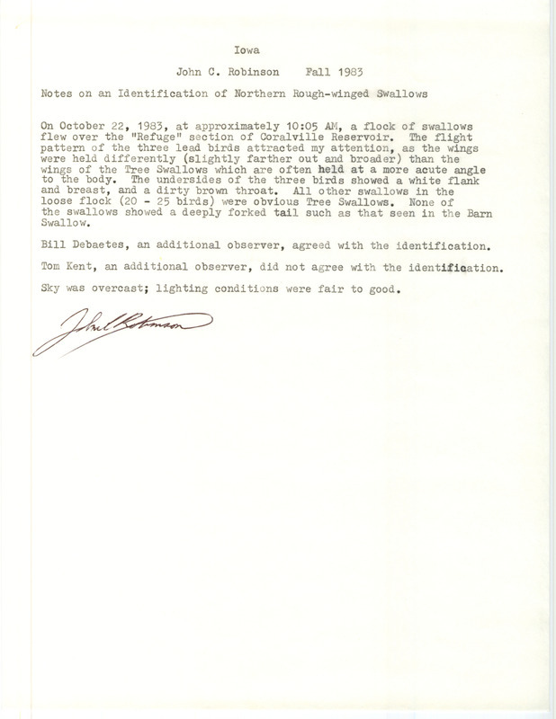Rare bird documentation form for three Northern Rough-winged Swallows at Coralville Reservoir in Johnson County, IA on October 22, 1983.
