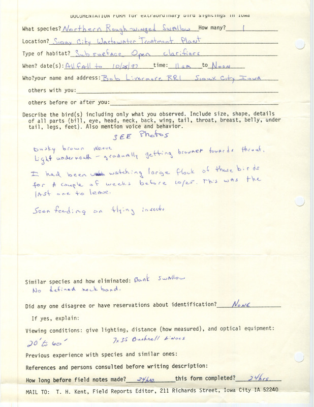 Rare bird documentation form for a Northern Rough-winged Swallow at Sioux City Wastewater Treatment Plant in Woodbury County, IA starting in the fall and ending 10/25/1987.