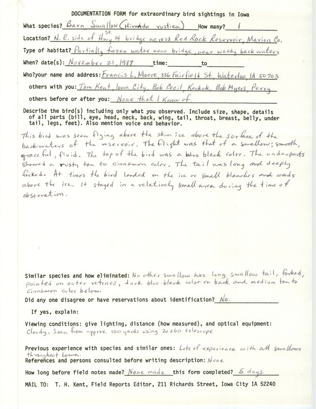 Rare bird documentation form for a Barn Swallow at Red Rock Reservoir in Marion County, IA on November 21, 1987.