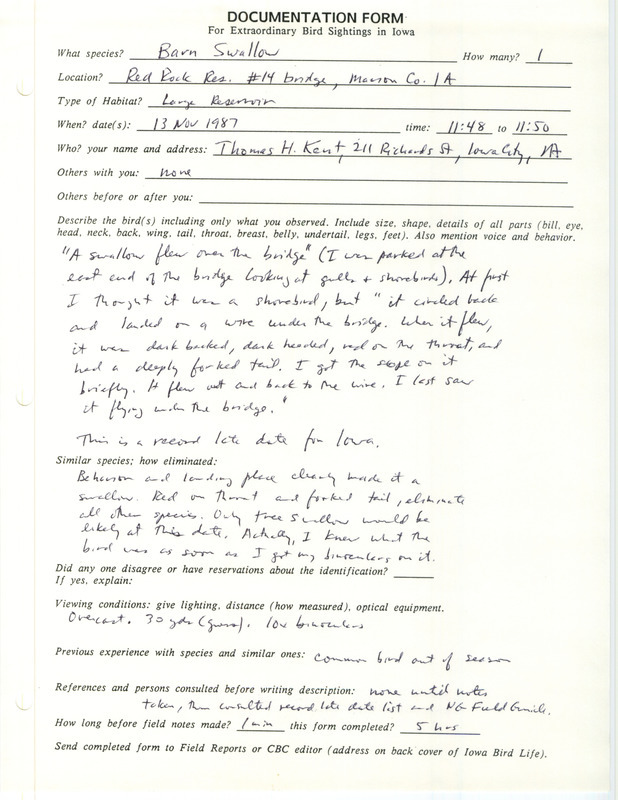 Rare bird documentation form for a Barn Swallow at Red Rock Reservoir in Marion County, IA on November 13, 1987.