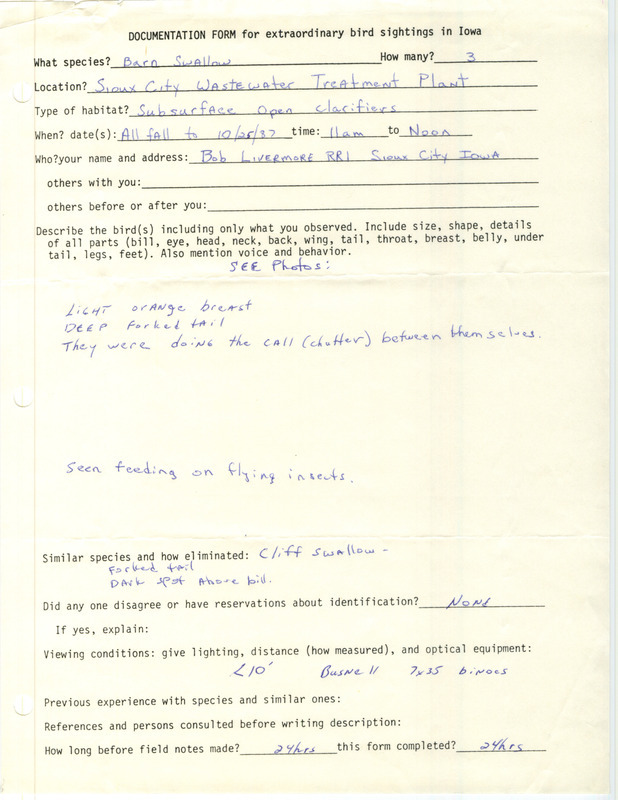 Rare bird documentation form for three Barn Swallows at Sioux City Wastewater Treatment Plant in Woodbury County, IA starting in the fall and ending on October 25, 1987.