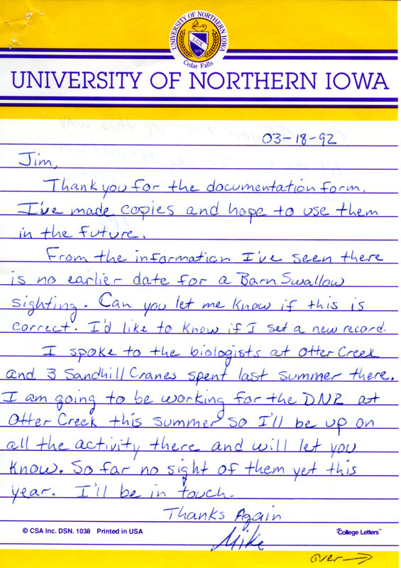 Rare bird documentation form for a Barn Swallow at section seven of Otter Creek March in Tama County, IA on March 5 ,1992. The documentation form was submitted with a Mike Stegmann letter to James Dinsmore about the bird sighting and documentation form on March 18, 1992.