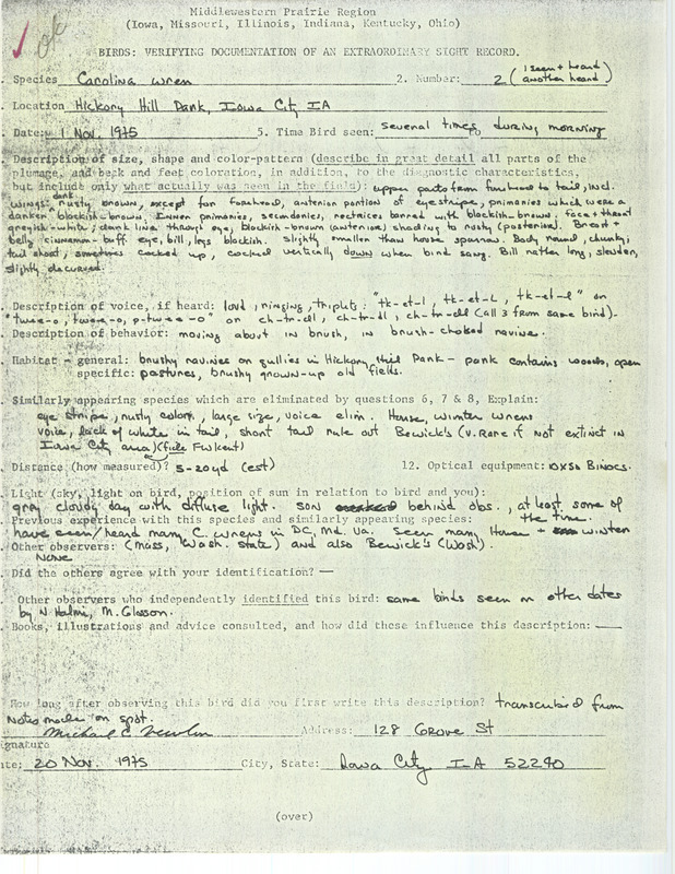 Rare bird documentation form for two Carolina Wrens at Hickory Hill Park in Iowa City in Johnson County, IA on November 1, 1975.