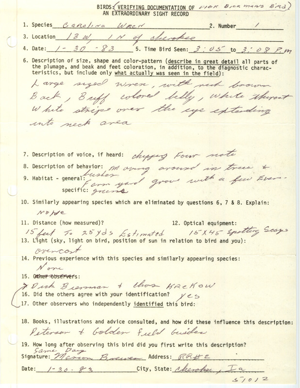 Rare bird documentation form for a Carolina Wren in Cherokee County, IA on January 30, 1983.