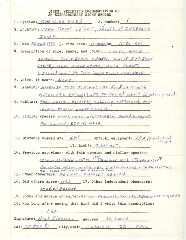 Rare bird documentation form for a Carolina Wren in Cherokee County, IA on January 30, 1983. The documentation form was included with an undated letter from Dick Bierman to Thomas Kent regarding the bird sighting and documentation form.