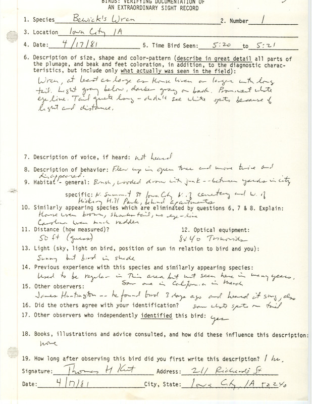 Rare bird documentation form for a Bewick's Wren at Iowa City in Johnson County, IA on April 17, 1981.