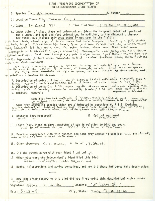 Rare bird documentation form for two Bewick's Wrens at Iowa City in Johnson County, IA on April 24, 1981.