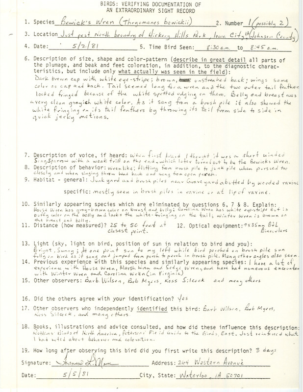 Rare bird documentation form for one to two Bewick's Wren north of Hickory Hill Park in Iowa City in Johnson County, IA on May 2, 1981.