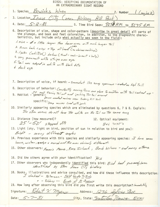 Rare bird documentation form for one or two Bewick's Wrens near Hickory Hill Park in Iowa City in Johnson County, IA on May 2, 1981.