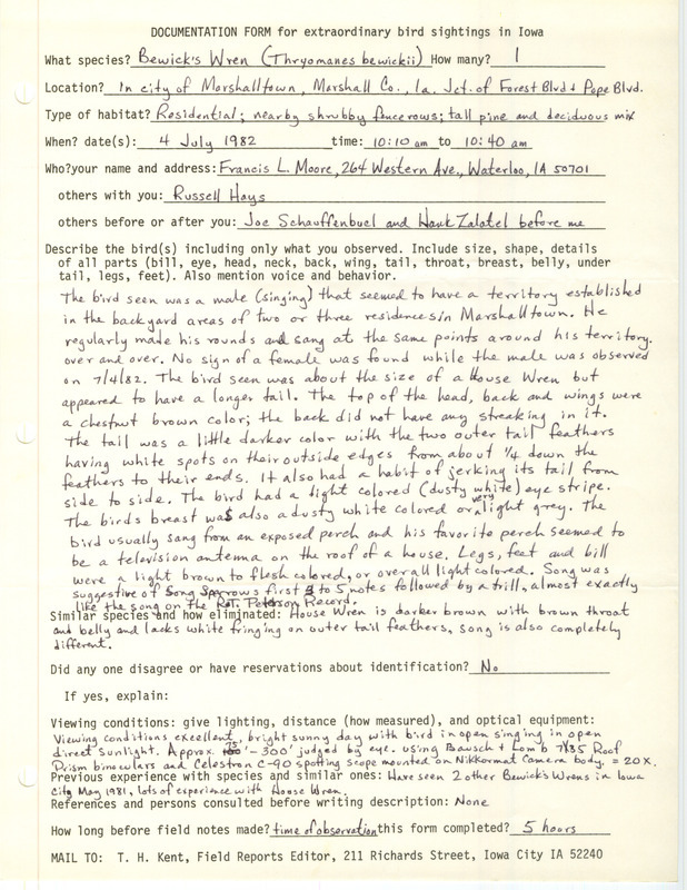 Rare bird documentation form for a Bewick's Wren at Marshalltown in Marshall County, IA on July 4, 1982.