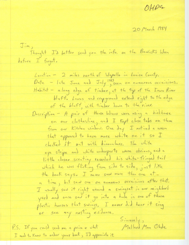 Letter from Bill Ohde to Jim Dinsmore documenting a Bewick's Wren seen north of Wapello in Louisa County, IA during late June and July, 1983.