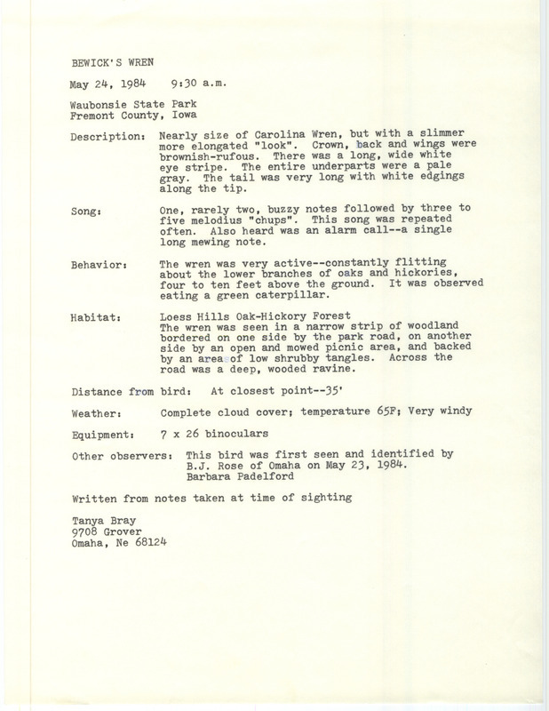 Rare bird documentation form for a Bewick's Wren at Waubonsie State Park in Fremont County, IA on May 24, 1984.