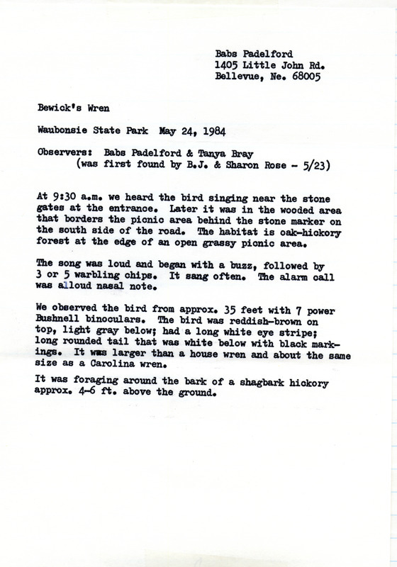 Rare bird documentation form for a Bewick's Wren at Waubonsie State Park in Fremont County, IA on May 24, 1984.