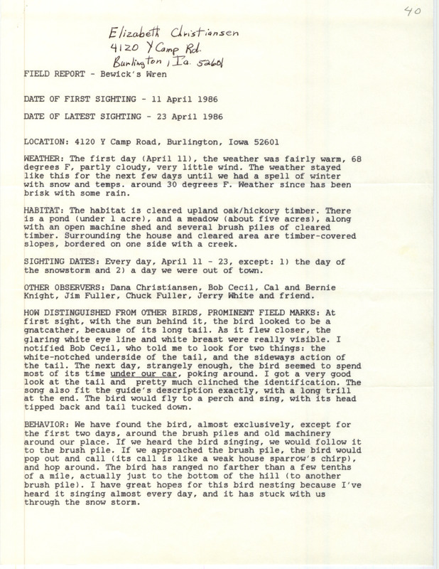 Rare bird documentation form for a Bewick's Wren at Tama Township in Des Moines County, IA from April 11, 1986 to April 23, 1986.