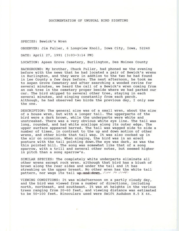 Rare bird documentation form for a Bewick's Wren at Aspen Grove Cemetery in Burlington in Des Moines County, IA on April 27, 1991.