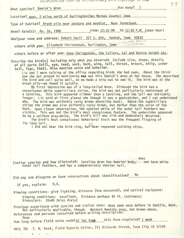 Rare bird documentation form for a Bewick's Wren north of Burlington in Des Moines County, IA on April 16, 1986.