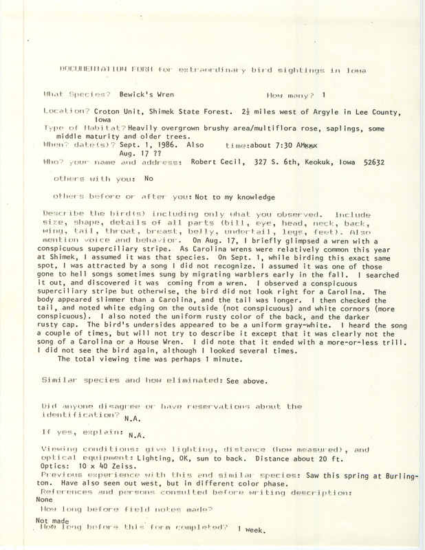 Rare bird documentation form for a Bewick's Wren at the Croton Unit in Shimek State Forest in Lee County, IA on September 1, 1986.