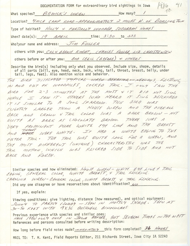 Rare bird documentation form for a Bewick's Wren north of Burlington in Des Moines County, IA on April 19, 1986.