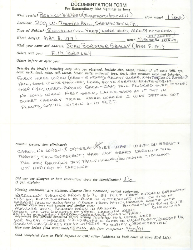 Rare bird documentation form for a Bewick's Wren at Shenandoah in Page County, IA on May 8, 1991.