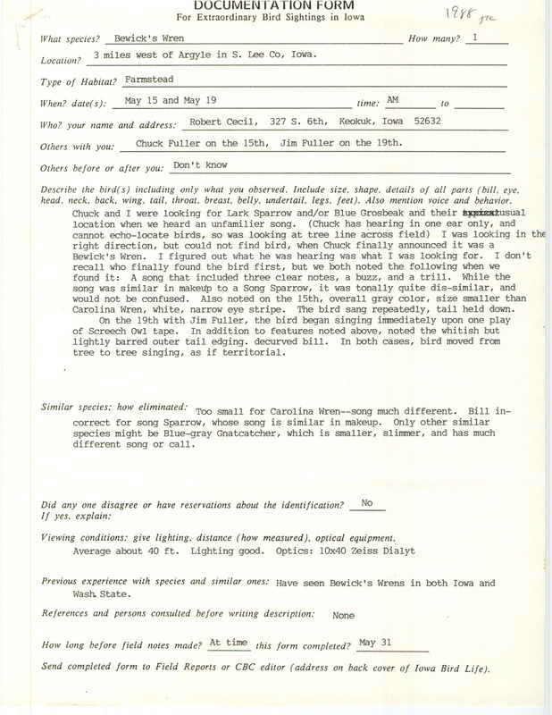 Rare bird documentation form for a Bewick's Wren west of Argyle in Lee County, IA on May 15 and 19, 1988.