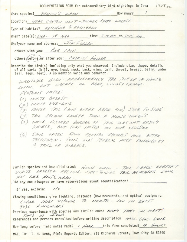 Rare bird documentation form for a Bewick's Wren near the Croton Unit in Shimek State Forest in Lee County, IA on May 18, 1988.