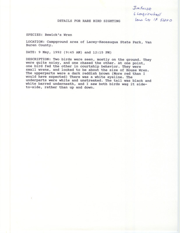 Rare bird documentation form for two Bewick's Wrens at Lacey-Keosauqua State Park in Van Buren County, IA on May 9, 1992.