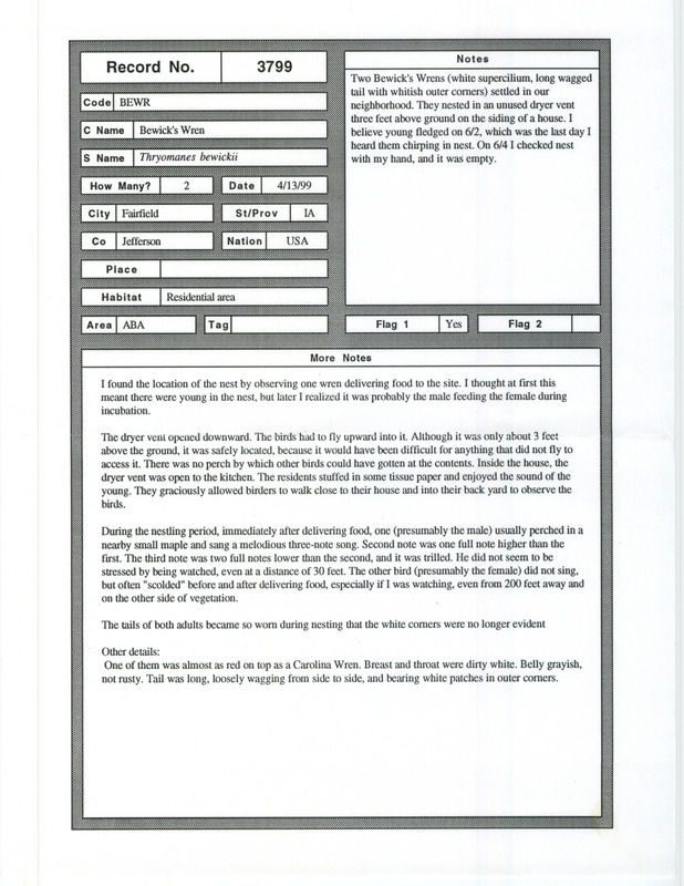 Rare bird documentation form for two Bewick's Wrens at Fairfield in Jefferson County, IA on April 13, 1999.