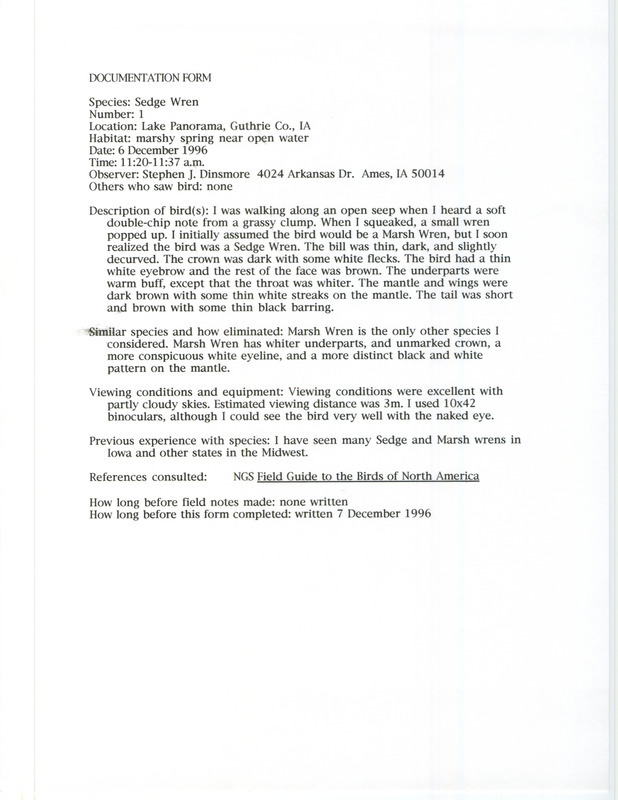 Rare bird documentation form for a Sedge Wren at Lake Panorama (water body) in Guthrie County, IA on December 6, 1996.