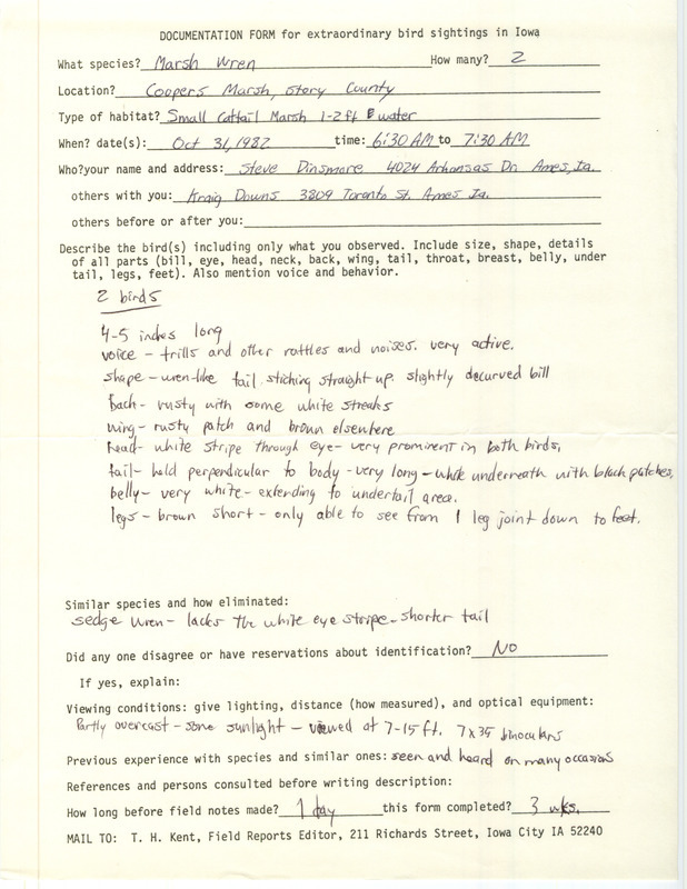 Rare bird documentation form for two March Wrens at Cooper Prairie March in Story County, IA on October 31, 1982.