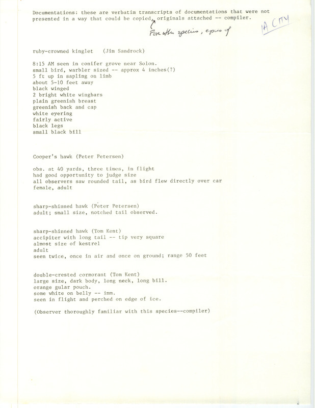 Compiled rare bird reports featuring the Ruby-crowned Kinglet near Solon in Johnson County, IA on an unknown date and year. Other rare bird sightings include Cooper's Hawk, Sharp-shinned Hawk, and Double-crested Cormorant in the Iowa City area.