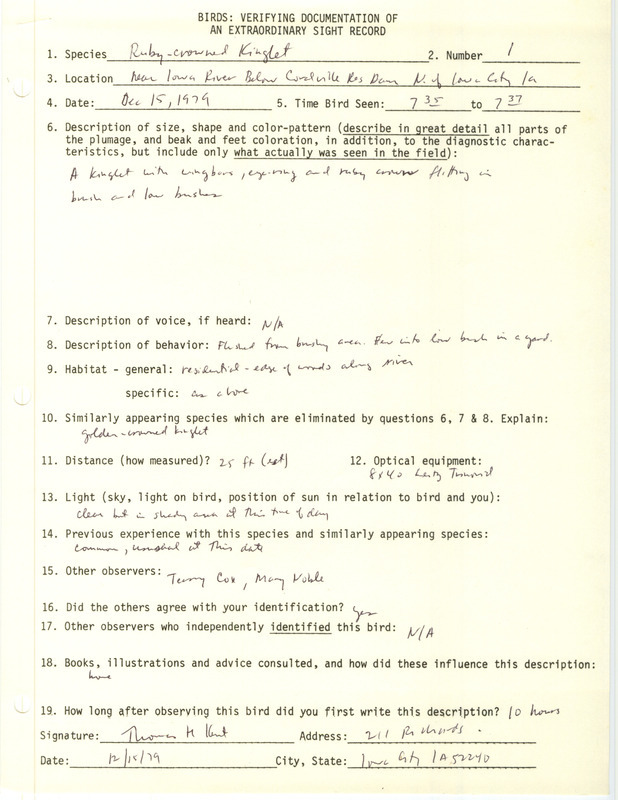 Rare bird documentation form for a Ruby-crowned Kinglet at Coralville Dam in Johnson County, IA on December 15, 1979.