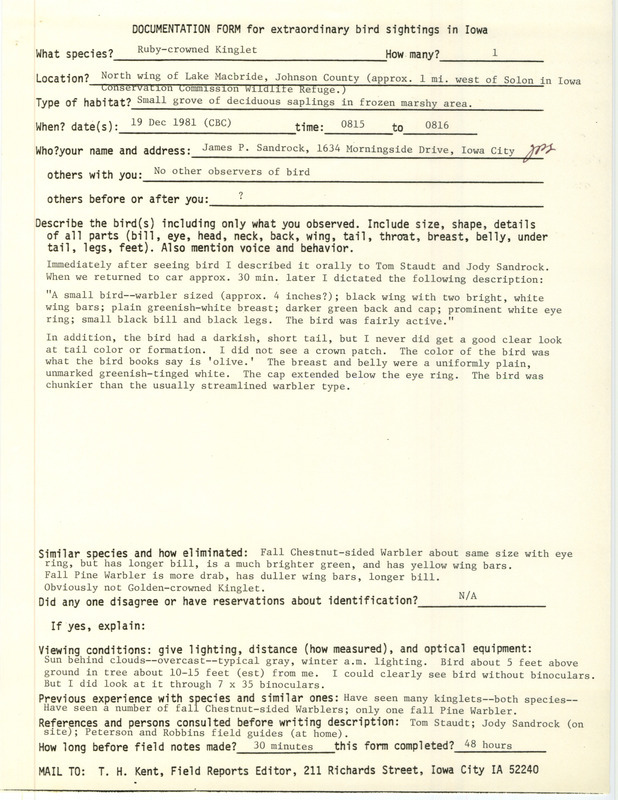 Rare bird documentation form for a Ruby-crowned Kinglet at Lake MacBride in Johnson County, IA on December 19, 1981.