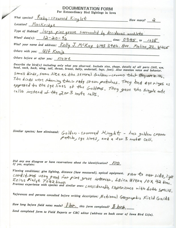 Rare bird documentation form for two Ruby-crowned Kinglets at Mockridge County Wildlife Preserve in Clinton County, IA on December 20, 1996.