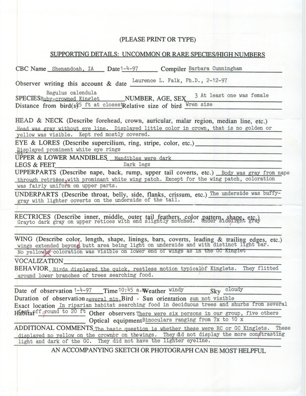 Rare bird documentation form for three Ruby-crowned Kinglets at Shenandoah in Page County, IA on January 4, 1997.