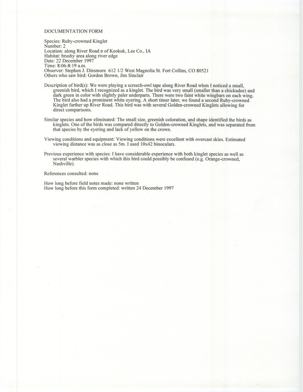 Rare bird documentation form for two Ruby-crowned Kinglets at Keokuk in Lee County, IA on December 22, 1997.