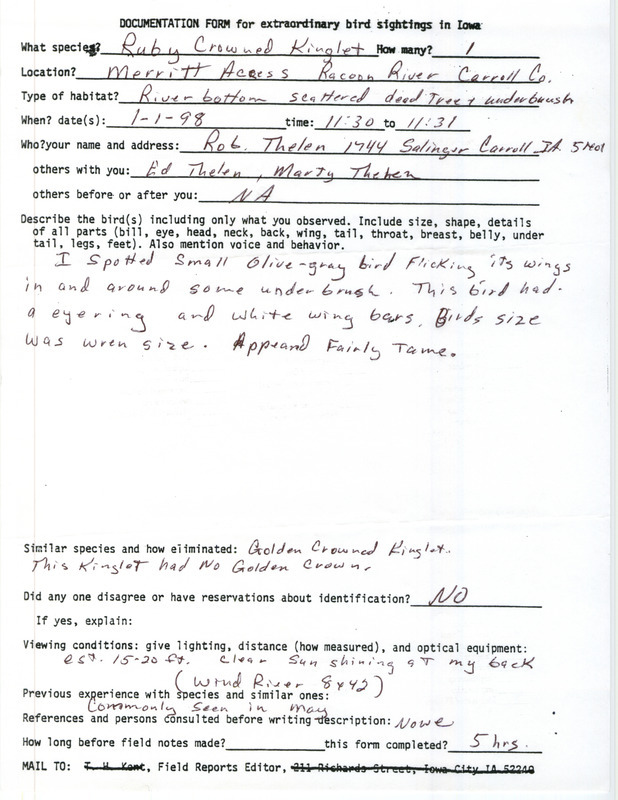 Rare bird documentation form for a Ruby-crowned Kinglet at Merritt County Park in Carroll County, IA on January 1, 1998.